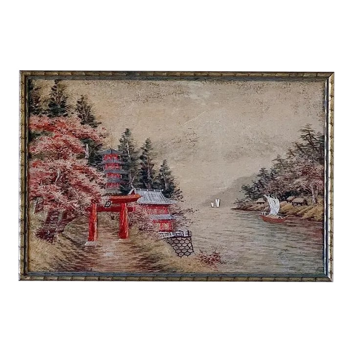 Antique Japanese Embroidery Depicting Traditional Cherry Blossom Landscape in Faux Bamboo Gold Chino: Antique Japanese Embroidery Depicting Traditional Cherry Blossom Landscape in Faux Bamboo Gold Chinoiserie Frame Measures Approx 12 x 18 Please visit my other listings for more curated treasures. Cond