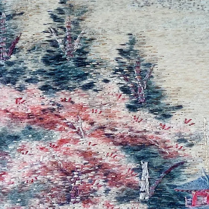 Antique Japanese Embroidery Depicting Traditional Cherry Blossom Landscape in Faux Bamboo Gold Chino - 4