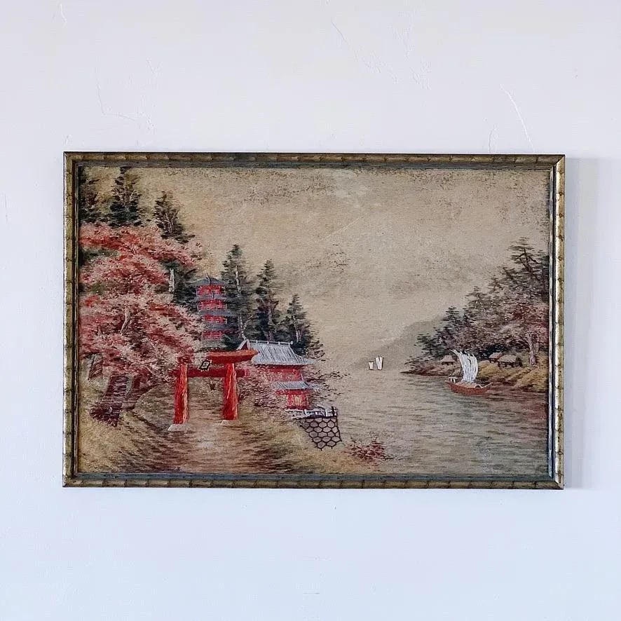 Antique Japanese Embroidery Depicting Traditional Cherry Blossom Landscape in Faux Bamboo Gold Chino - 6