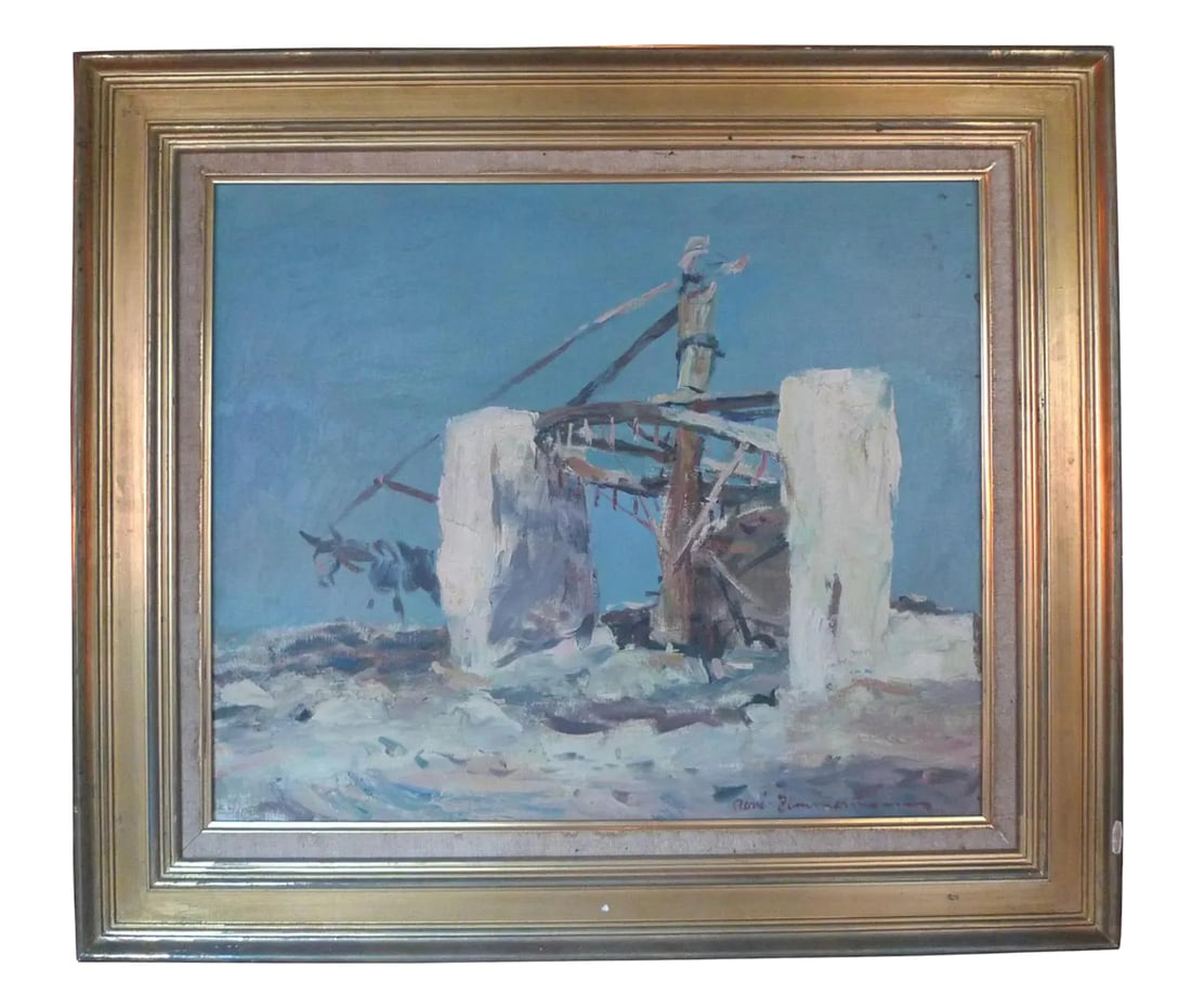 Rene Zimmermann Landscape Painting: Rene Zimmermann (1904-1991) was a French painter, printmaker and illustrator. His many landscapes includes this remarkable blue-skied oil painting, "Noria de la Province de Murcia, Espagne". A noria
