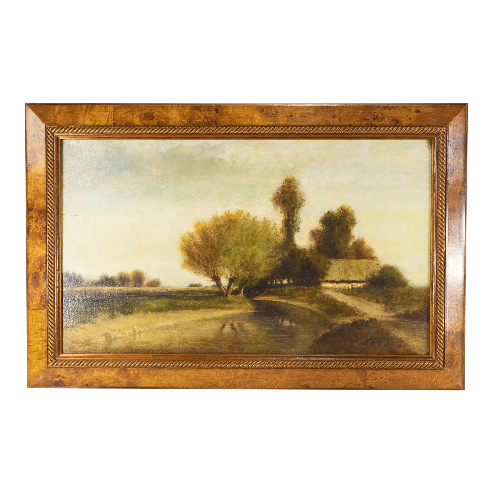 American Landscape Painting by Robert Henry Fuller: We are selling this antique American landscape painting. This oil painting is a simple landscape with a stream, some trees and a house. The painting is done on a nice wood panel and is signed for