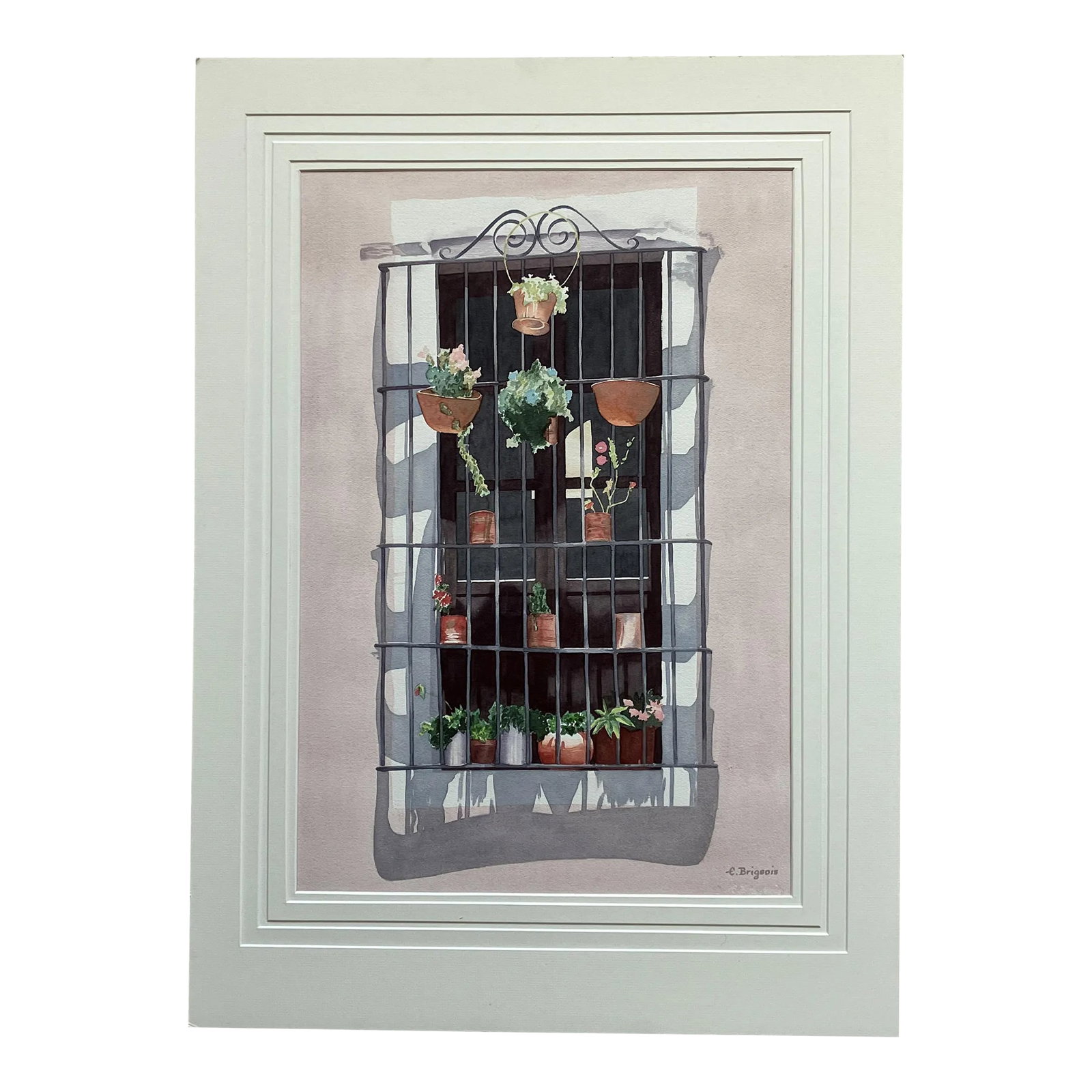 1980s "A Window in Guanajuato, Mexico" Watercolor Painting by Evelyne Brigeois, Framed: Artist: Evelyne Brigeois - French/American (1946-2016) Title: Guanajuato Year: ca. 1980 Medium: Watercolor Sight size: 20.5 x 14 inches. Matted size: 27.5 x 20 inches Signature: Signed lower right Con