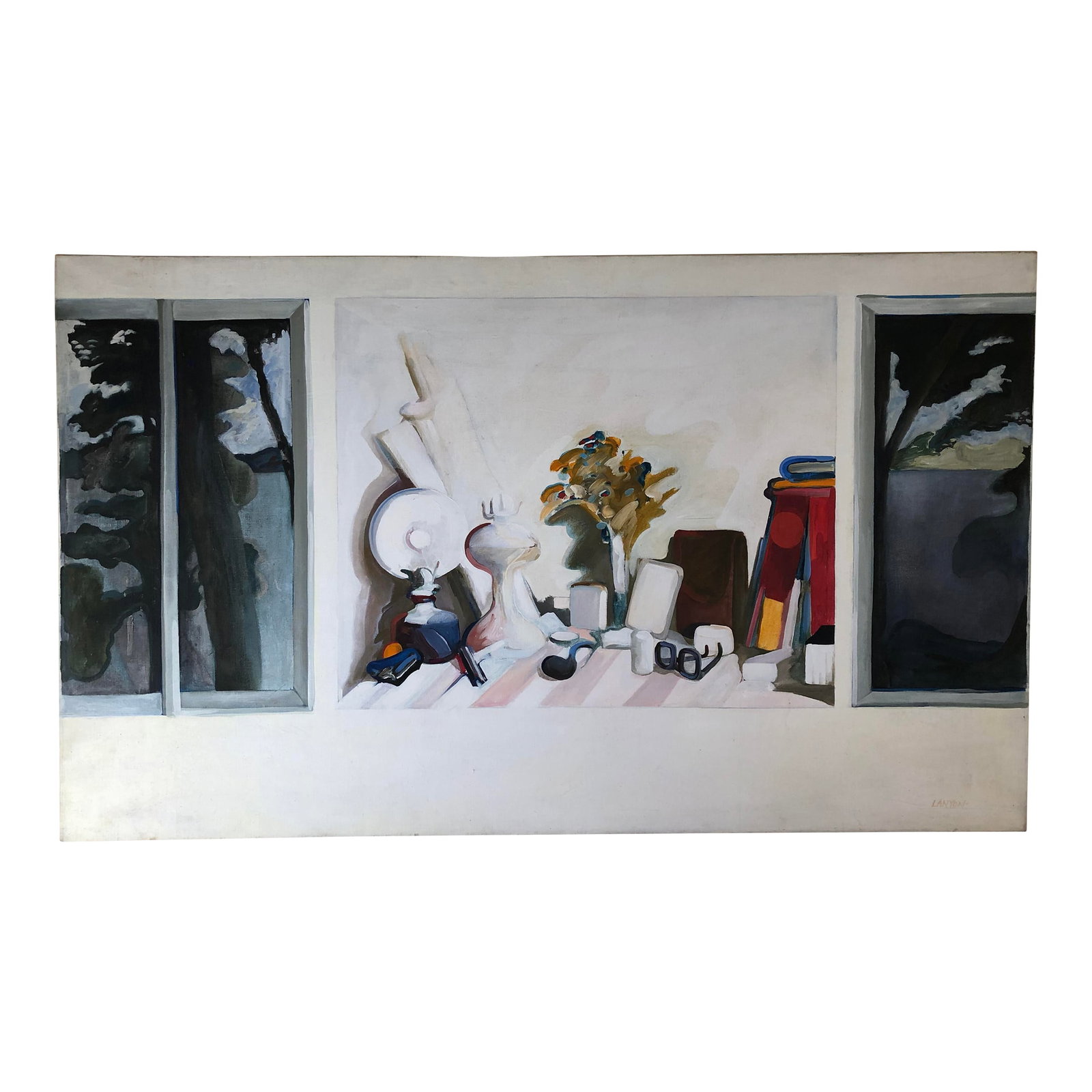 Large Mid 20th Century Original Window View With Still Life Painting by Ellen Lanyon: This very rare original painting by Ellen Lanyon is in beautiful vintage condition and depicts an interior still life scene between two windows. No visible damage, but could benefit from a