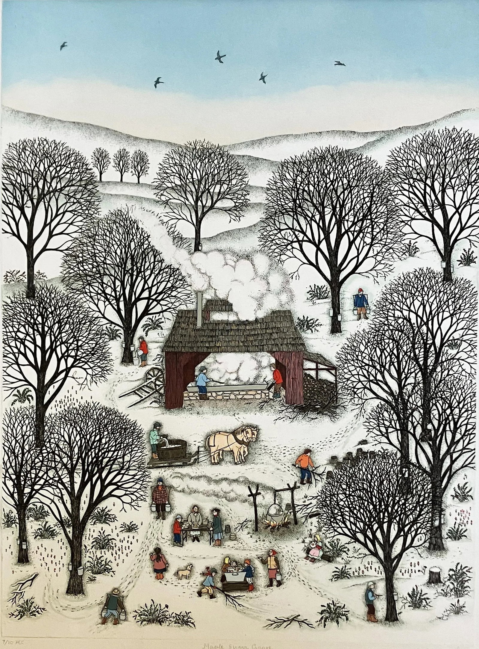 1980s "Maple Sugar Grove" Cuca Romley Signed and Numbered Color Etching: Artist: Cuca Romley- Spanish/American (1933- ) Title: Maple Sugar Grove Year: circa 1981 Medium: Color etching Sight size: 24 x 17.75 inches. Sheet size: 30 x 22.5 inches. Printed on Tiepolo Fabriano
