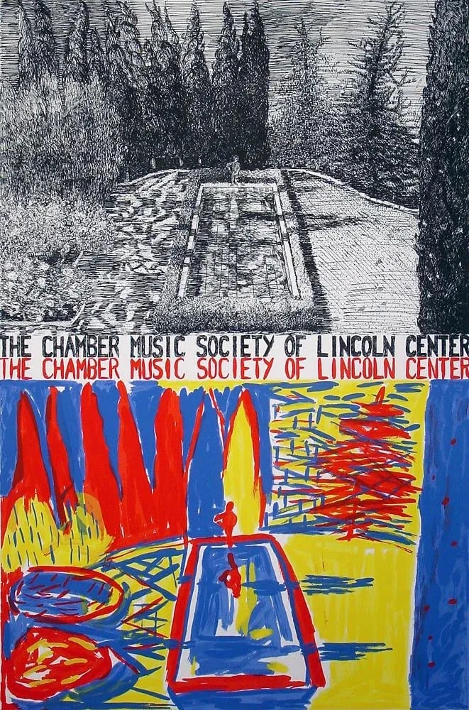 1980s Jennifer Bartlett Chamber Music Society Signed and Numbered Print: Edition of 144: Pencil signed and numbered 45/144. The print includes typography created by the artist. Jennifer Bartlett is best known for her paintings and prints of mundane objects, particularly it