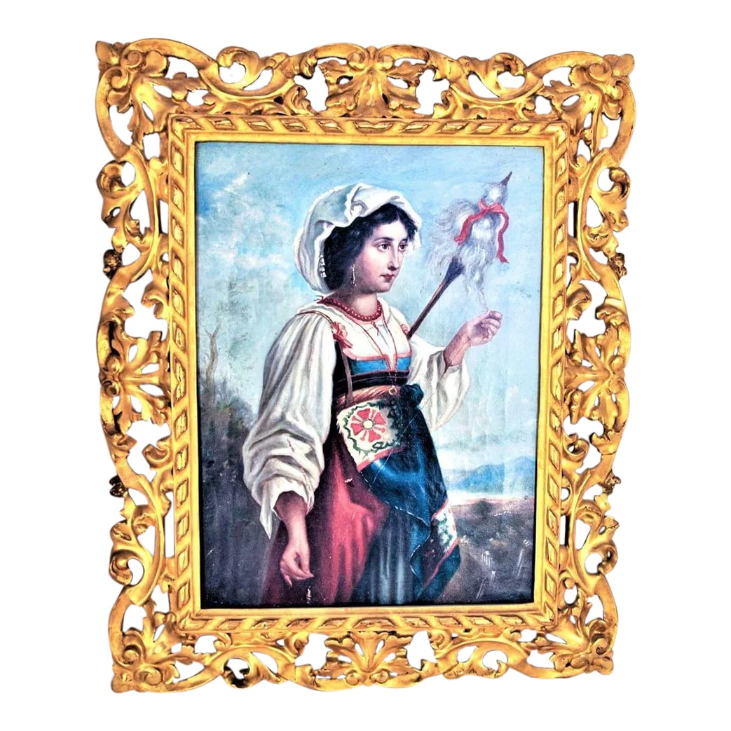 Antique 1800's Continental Painting of Young Costumed Girl: An antique 1800's painting of a young costumed girl. Frame is hand carved wood and gilded gold. The frame is undamaged and exceptional. The girl appears from a Baltic country. Measures: overall 19" x