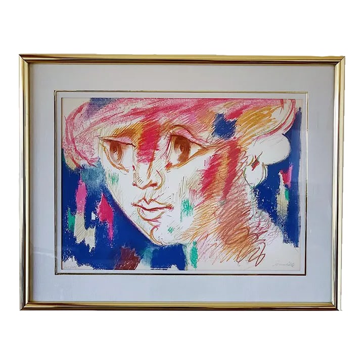 1980s "Portrait of a Woman in Bohemian Colors" Expressionist Figurative Print by Roger Somville, Fra: Portrait of a Woman in Vibrant Bohemian Colors by Belgian Artist Roger Somville (Original Signed Print in Brass Frame) - impressionist Approx 42 x 36 Condition: Alterations: Original Condition