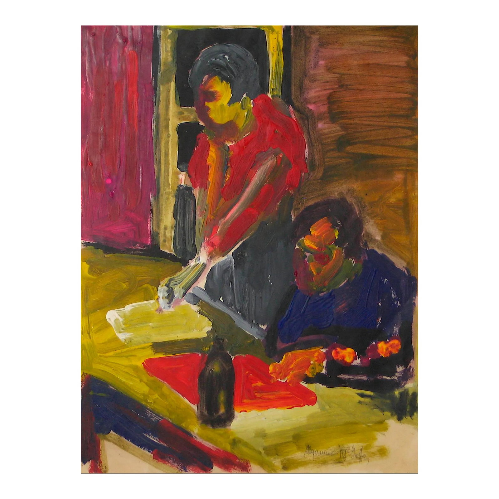 Bay Area Figurative Scene 20th Century Distemper: This 1950s -1960s distemper painting is by Bay Area artist Alysanne McGaffey (1931-2018). Born in Seattle, McGaffey moved to San Francisco in the mid 1950s to study at SFAI with Bay Area Figurative