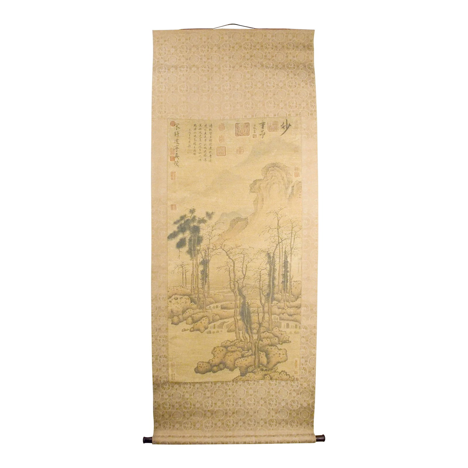 Early 20th Century Chinese Landscape Scroll: Chinese landscape scroll, freely drawn colored inks on heavy paper, mounted on a light and dark gold silk brocade in a dragon and fenghuang medallions lattice pattern, signed, with a poem in caoshu sc