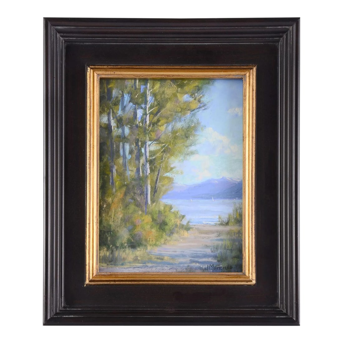 Joe Mancuso "Summer at the Lake Study" Pastel Painting: Joe Mancuso "Summer at the Lake Study" pastel painting. This Joe Mancuso painting comes framed under glass. Dimensions 8''H X 6''W (Image); 11.625''H X 9.625''W x 1.5"D (Frame) About Joe Mancuso Joe M