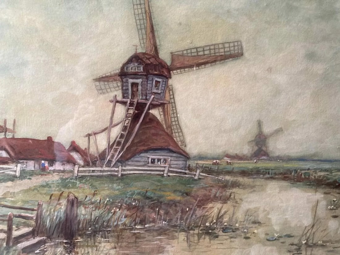 Dutch Scene With Windmills (Framed Antique Watercolor Landscape Painting), W. Encee - 2