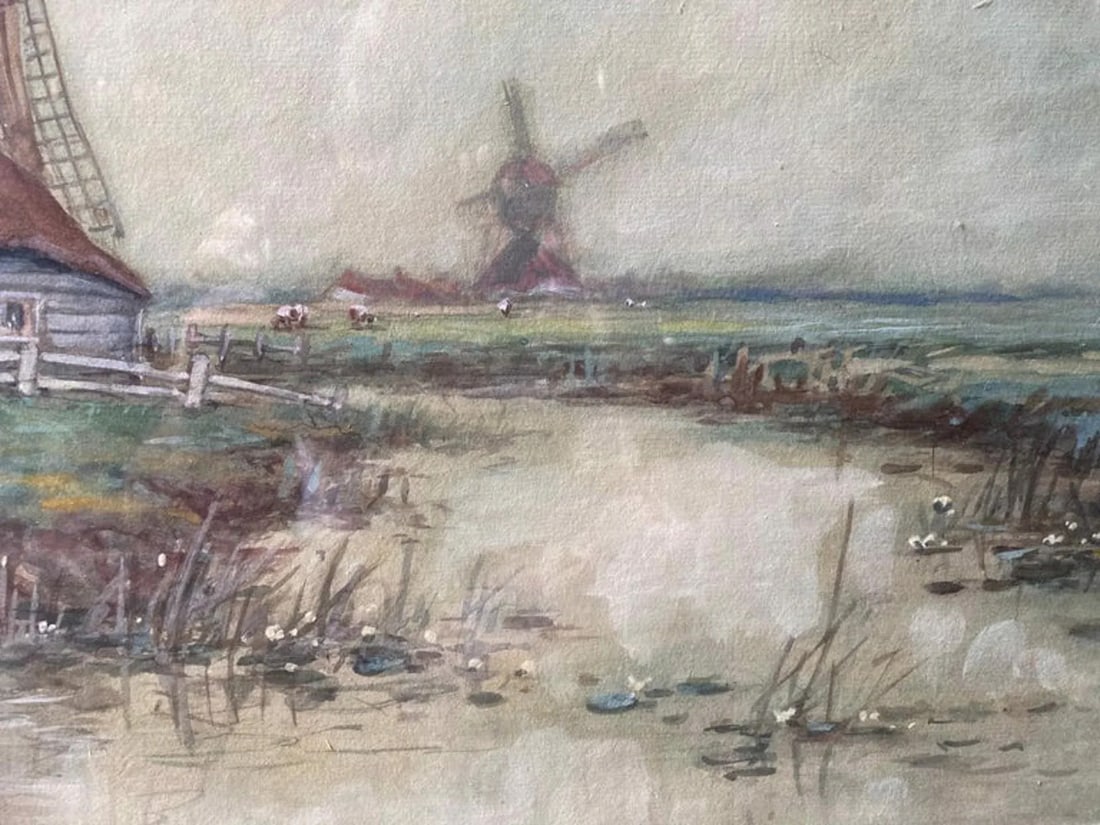 Dutch Scene With Windmills (Framed Antique Watercolor Landscape Painting), W. Encee - 3