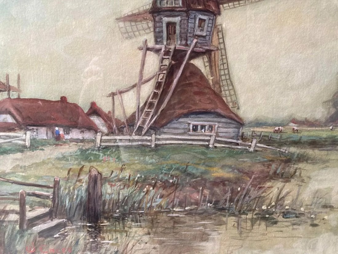 Dutch Scene With Windmills (Framed Antique Watercolor Landscape Painting), W. Encee - 5