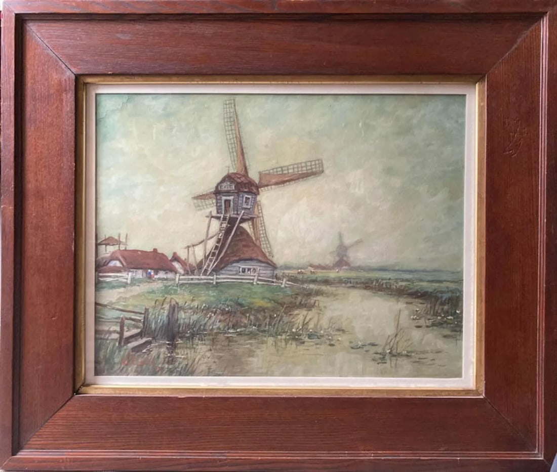Dutch Scene With Windmills (Framed Antique Watercolor Landscape Painting), W. Encee - 7