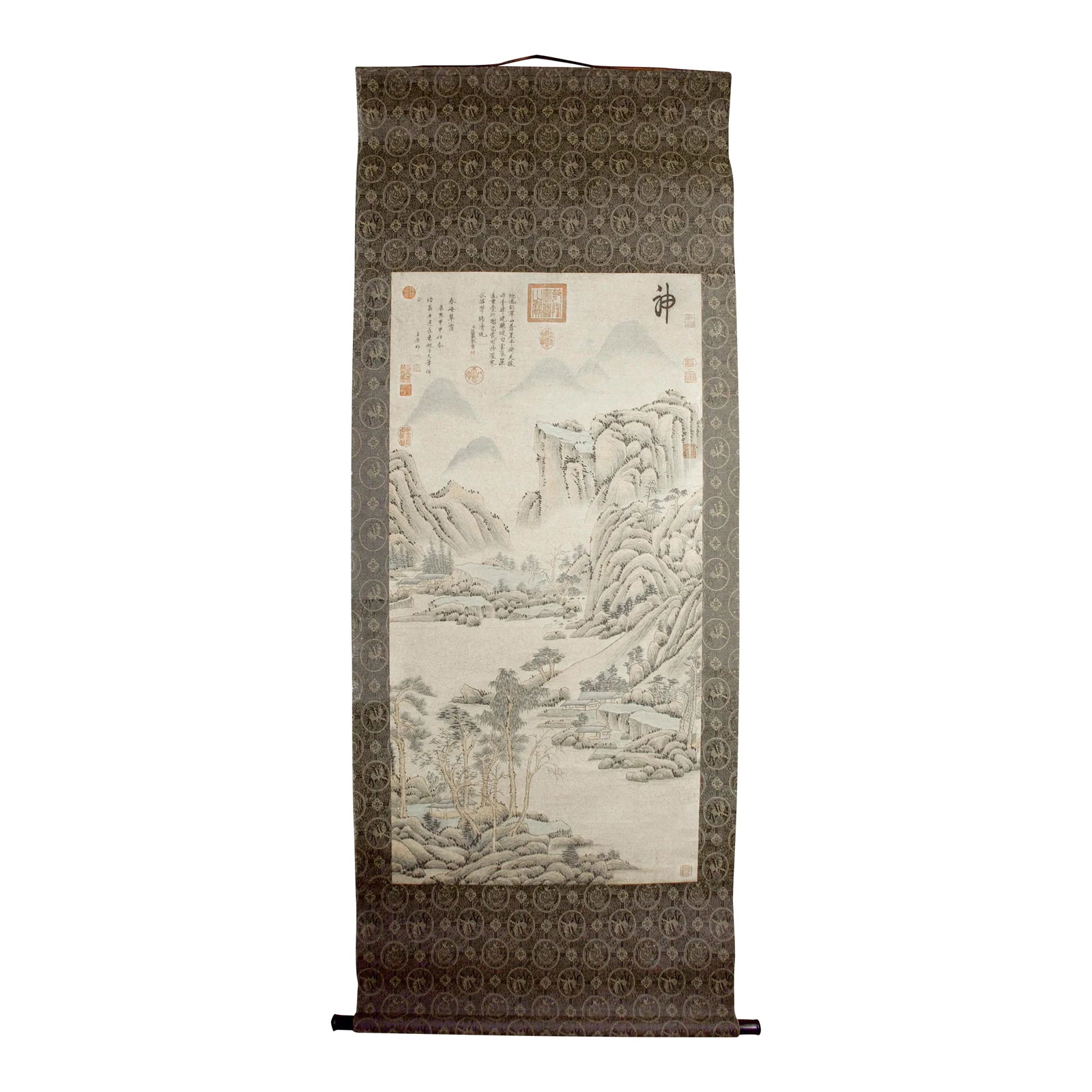 Early 20th Century Chinese Landscape Scroll: Chinese landscape scroll, freely drawn colored inks on heavy paper, mounted on a black, gray and gold, dragon and phoenix medallions, silk brocade, signed, with poems in Caoshu script and with numerou