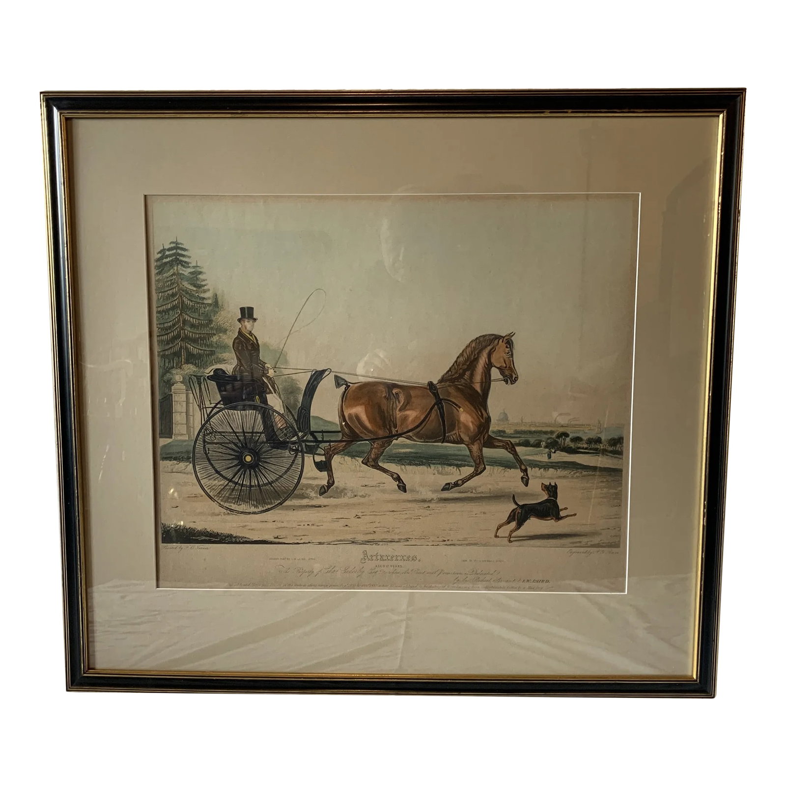 Early 19th Century Hand Coloured English Lithograph: Lithograph of a Horse and carriage, large folio, hand colored and entitled "ARTAXERXES" after a painting by F.C. Turner and engraved by R.G. Reeve - Published by I.W. Laird, April 1838, Excellent cond