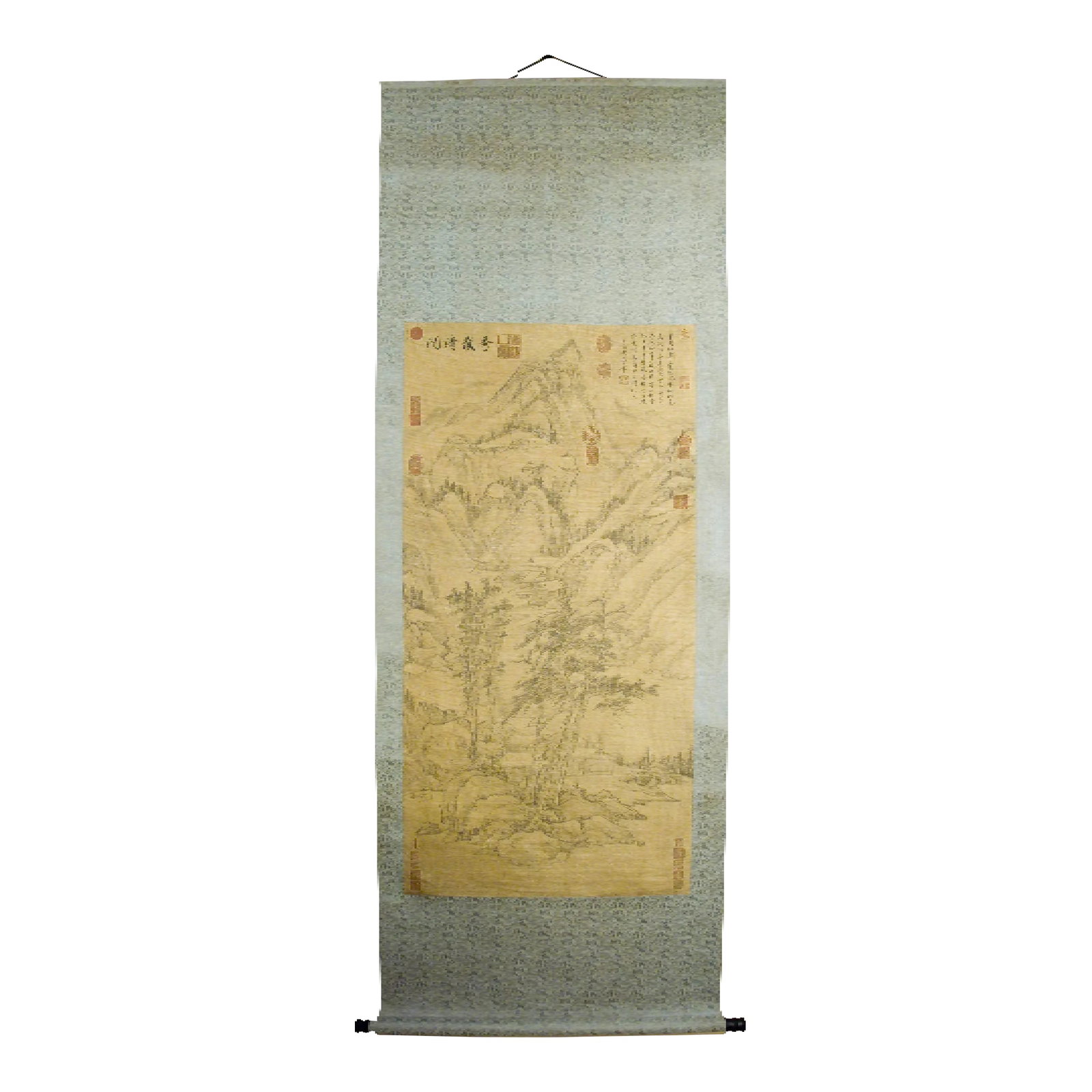Early 20th Century Chinese Landscape Scroll: Chinese landscape scroll, freely drawn ink on heavy paper, mounted on a sky blue and silver, floral silk brocade, signed, with a poem in Caoshu script and with numerous red seal marks in various
