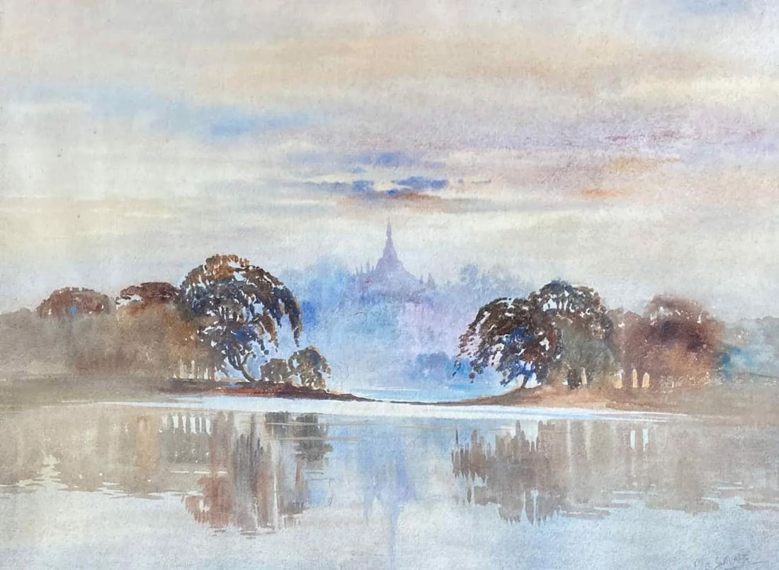 "Lake Scene" - Early 20th Century Watercolor Seascape Painting by m.c. Laung, Framed - 2