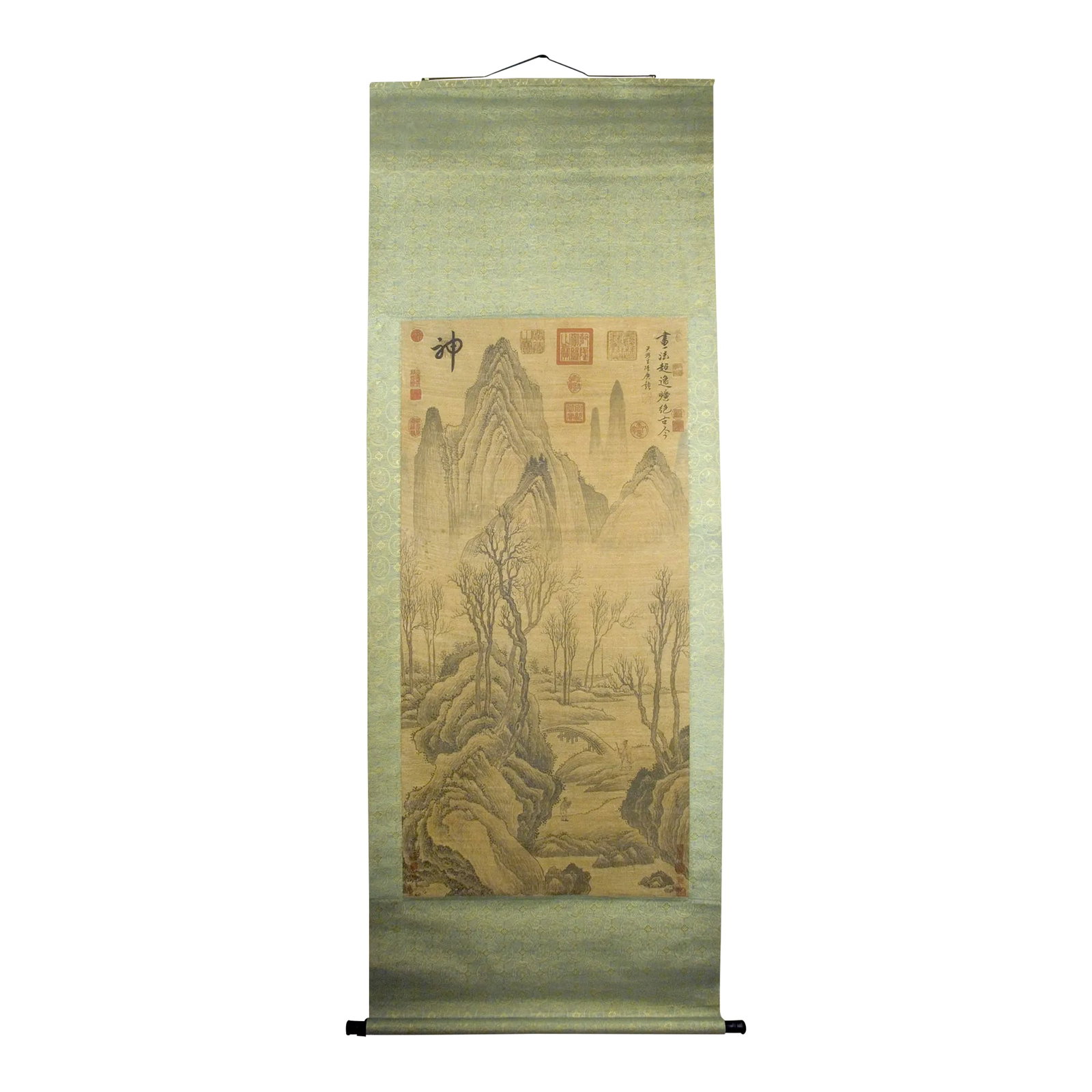Early 20th Century Chinese Landscape Scroll: Chinese landscape scroll, freely drawn colored inks on heavy paper, mounted on a blue and gold silk brocade in a dragon medallions lattice pattern, signed, with numerous red and black seal marks in