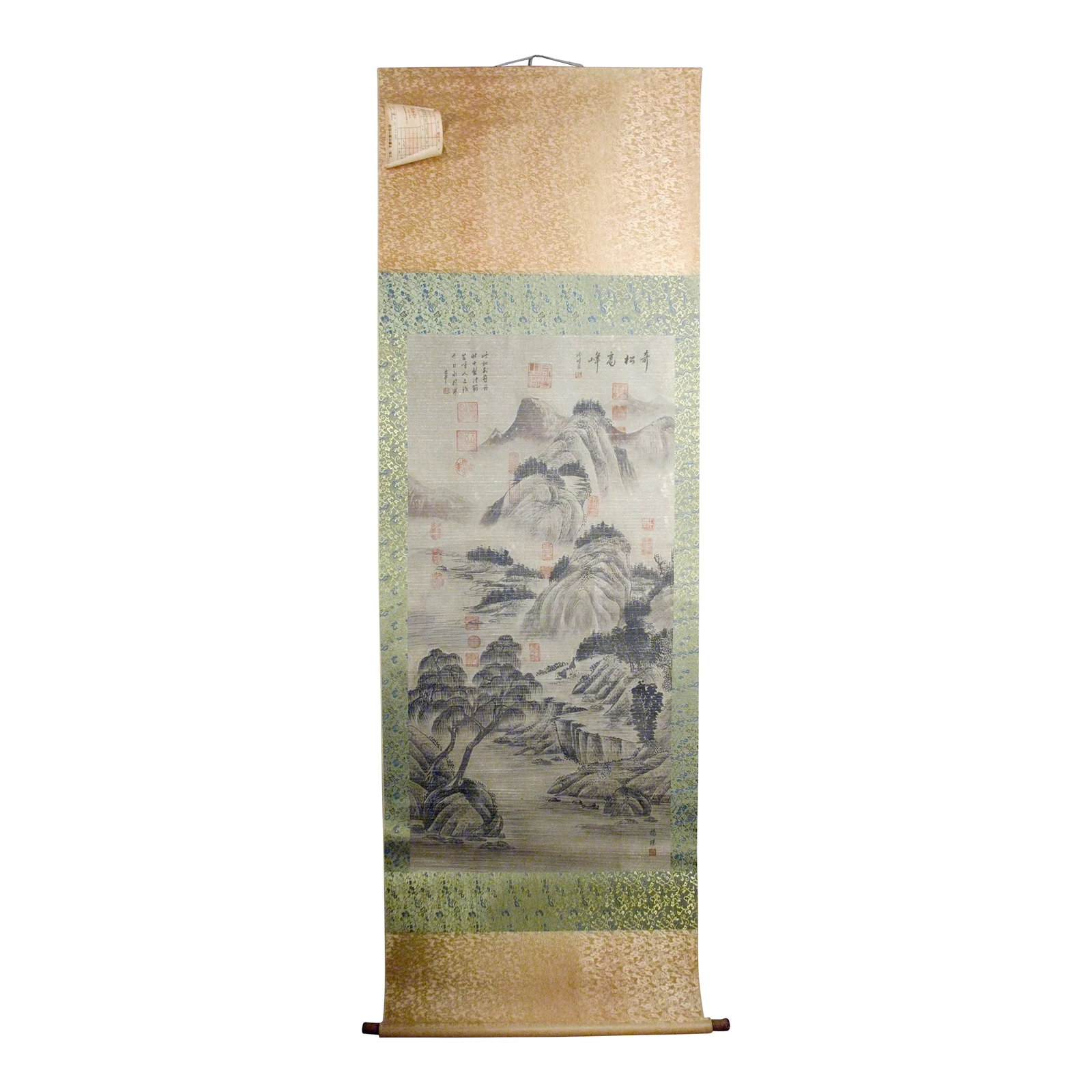 Early 20th Century Chinese Landscape Scroll: Chinese landscape scroll, freely drawn colored inks on heavy paper, mounted on a nakamawashi of a shimmering gold and dark blue over olive floral silk brocade, with a shimmering ten and ji of a gold