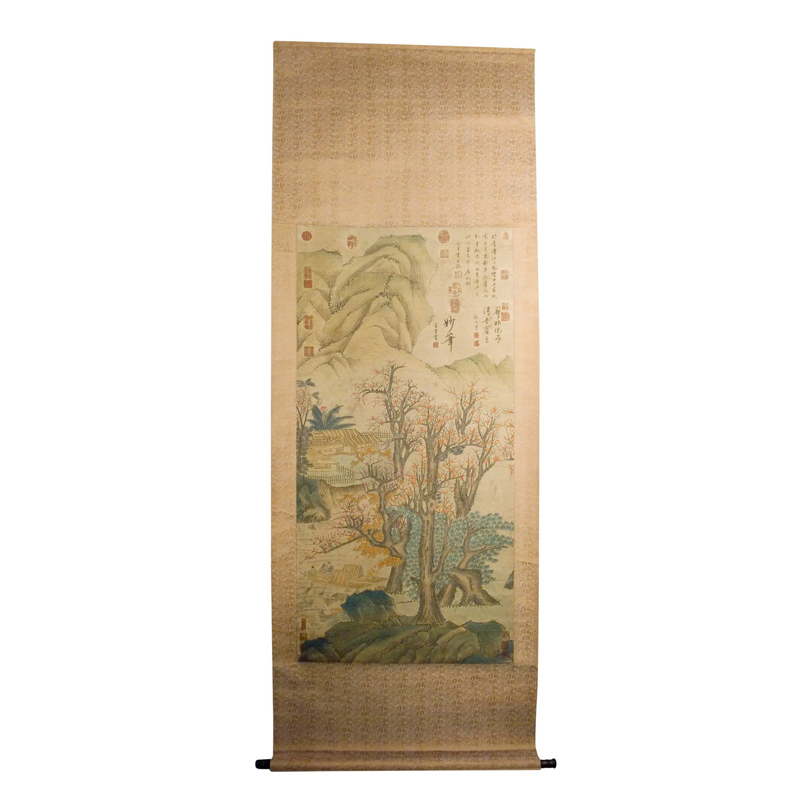 Early 20th Century Chinese Landscape Scroll: Chinese landscape scroll, freely drawn colored inks on heavy paper, mounted on a gold and light gray floral silk brocade, signed, with two poems in caoshu script and with numerous red seal marks in