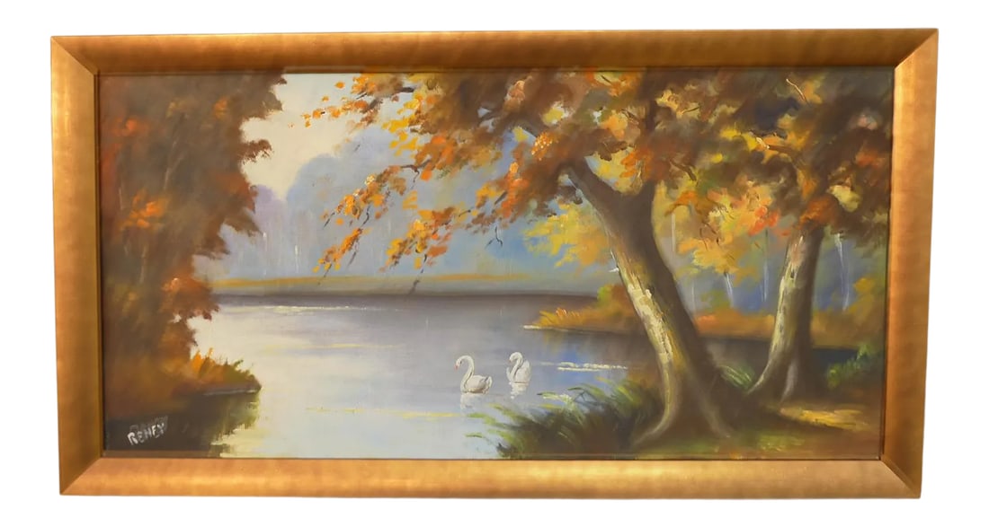 Mid 20th Century Autumn Lake Scene with Swans Acrylic Painting, Framed: Signed Mid-Century original painting. Recently framed in a solid wood with a copper finish. Beautiful detail. No damage to the canvas. Condition: Alterations: Original Design Modified Imperfections: