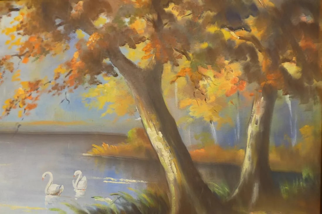 Mid 20th Century Autumn Lake Scene with Swans Acrylic Painting, Framed - 2
