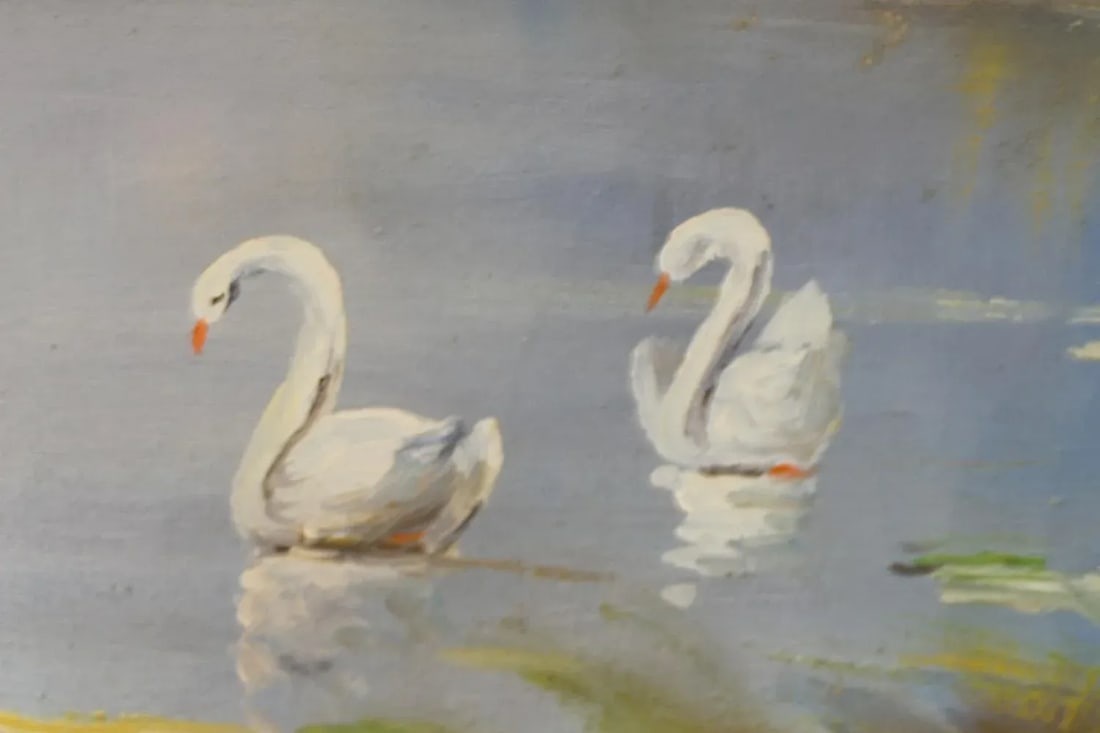 Mid 20th Century Autumn Lake Scene with Swans Acrylic Painting, Framed - 3