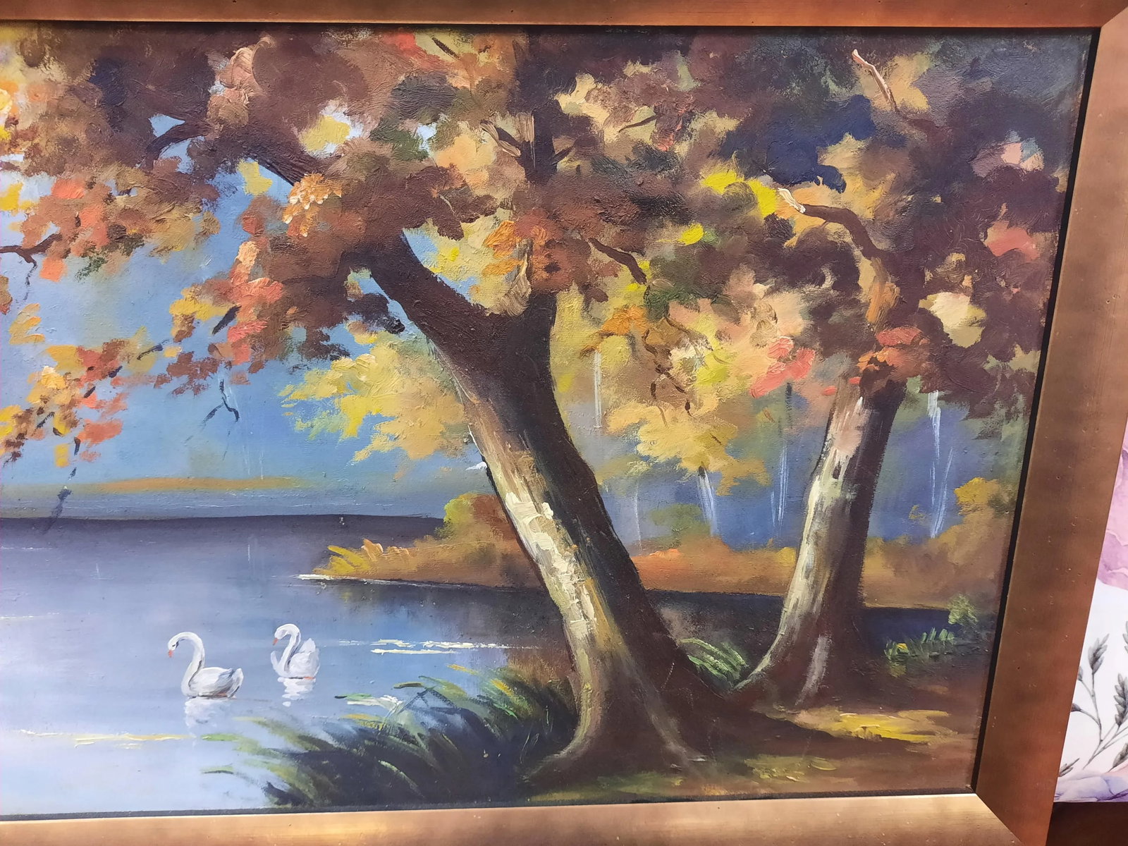 Mid 20th Century Autumn Lake Scene with Swans Acrylic Painting, Framed - 7