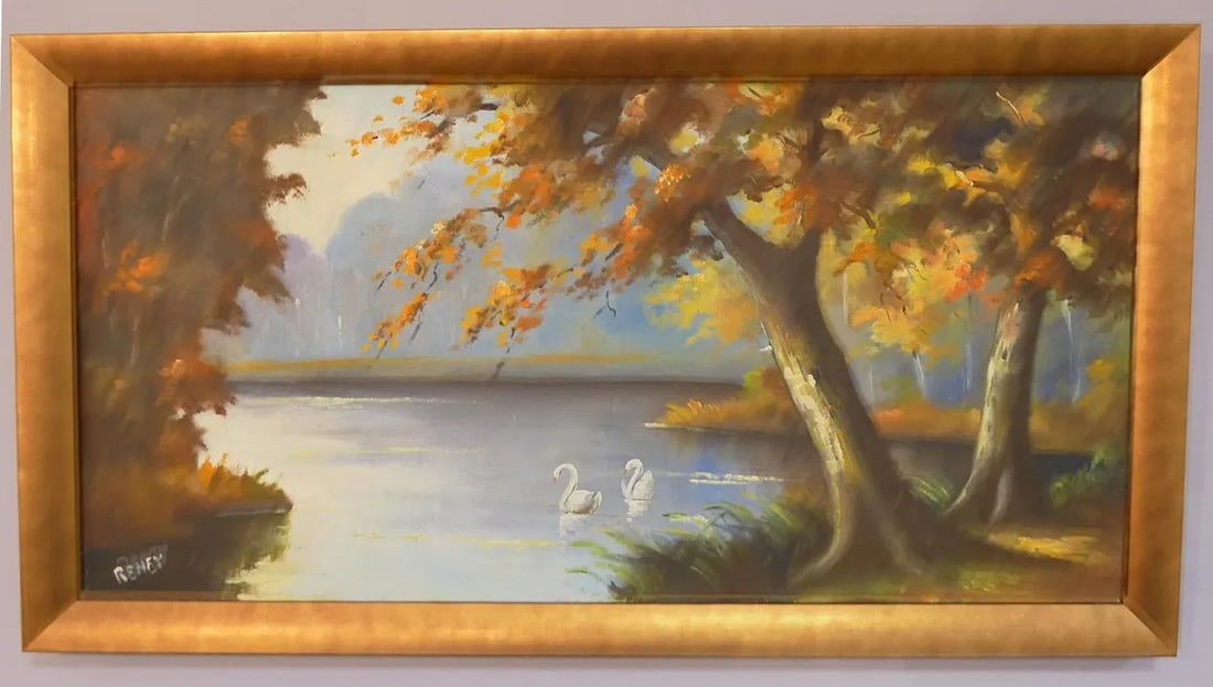 Mid 20th Century Autumn Lake Scene with Swans Acrylic Painting, Framed - 8