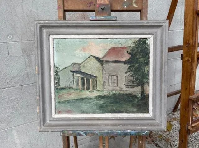 Mid 20th Century French Farmhouse Landscape Oil Painting on Board, Framed - 12