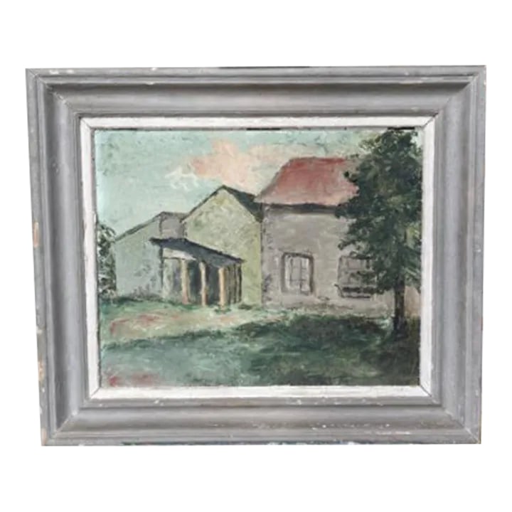 Mid 20th Century French Farmhouse Landscape Oil Painting on Board, Framed: Acquired at an estate in historic Bucks County, PA. Desirable and serene large framed oil painting of a French farmhouse landscape. About 26" x 23" overall. Signed on back of frame. Seller Managed Del