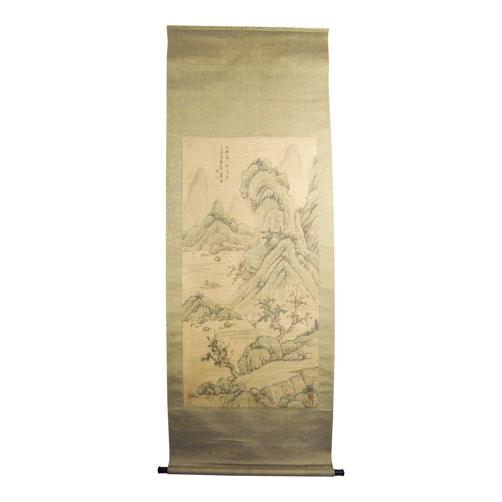 Early 20th Century Chinese Landscape Scroll: Chinese landscape scroll, freely drawn colored inks on heavy paper, mounted on a light blue and gold, silk brocade, in a pattern of dragon and fenghuang medallions, signed, with a short poem in