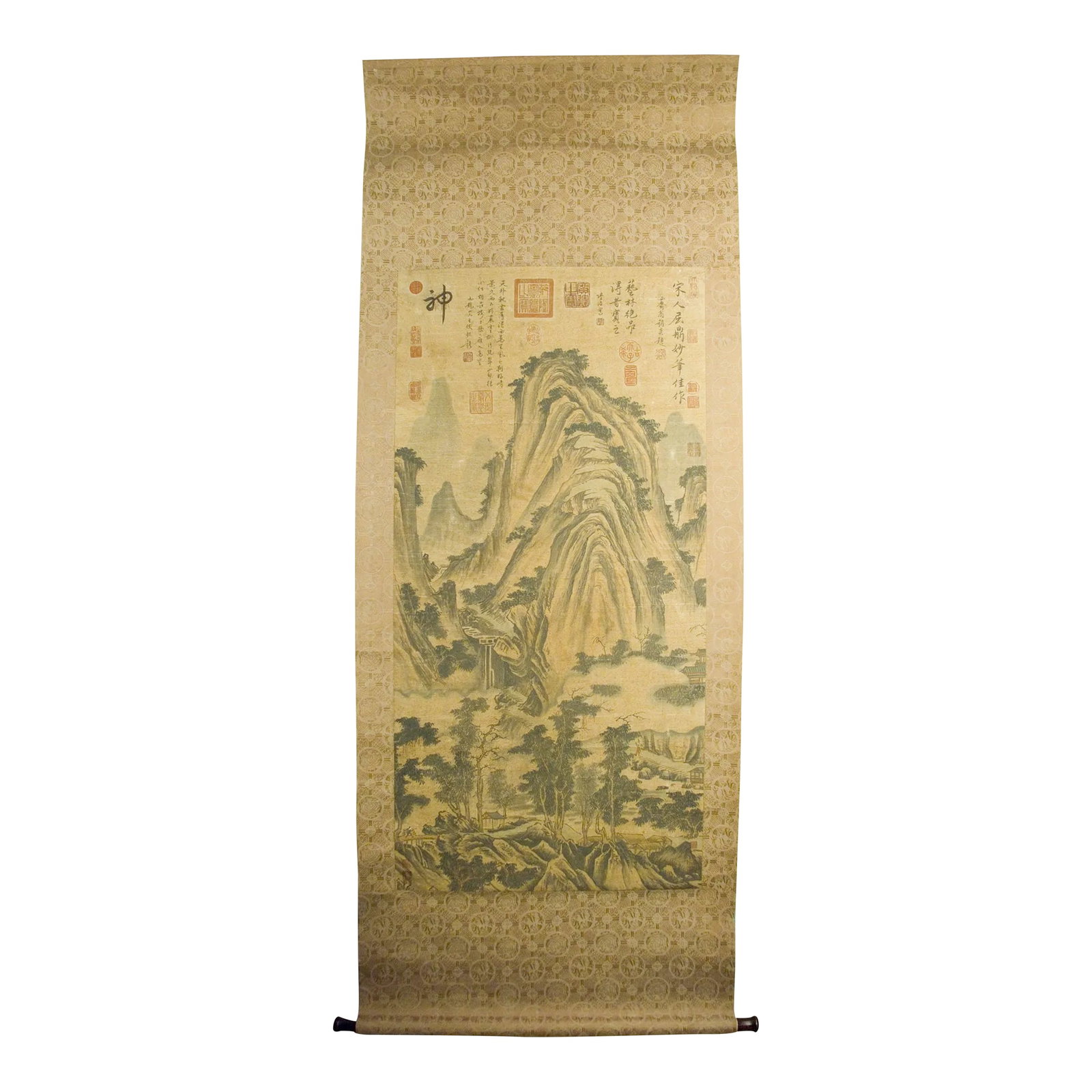 Early 20th Century Chinese Landscape Scroll: Chinese landscape scroll, freely drawn colored inks on heavy paper, mounted on a shimmering gold, silver and copper, silk brocade in a dragon and fenghuang medallions pattern, signed, with three