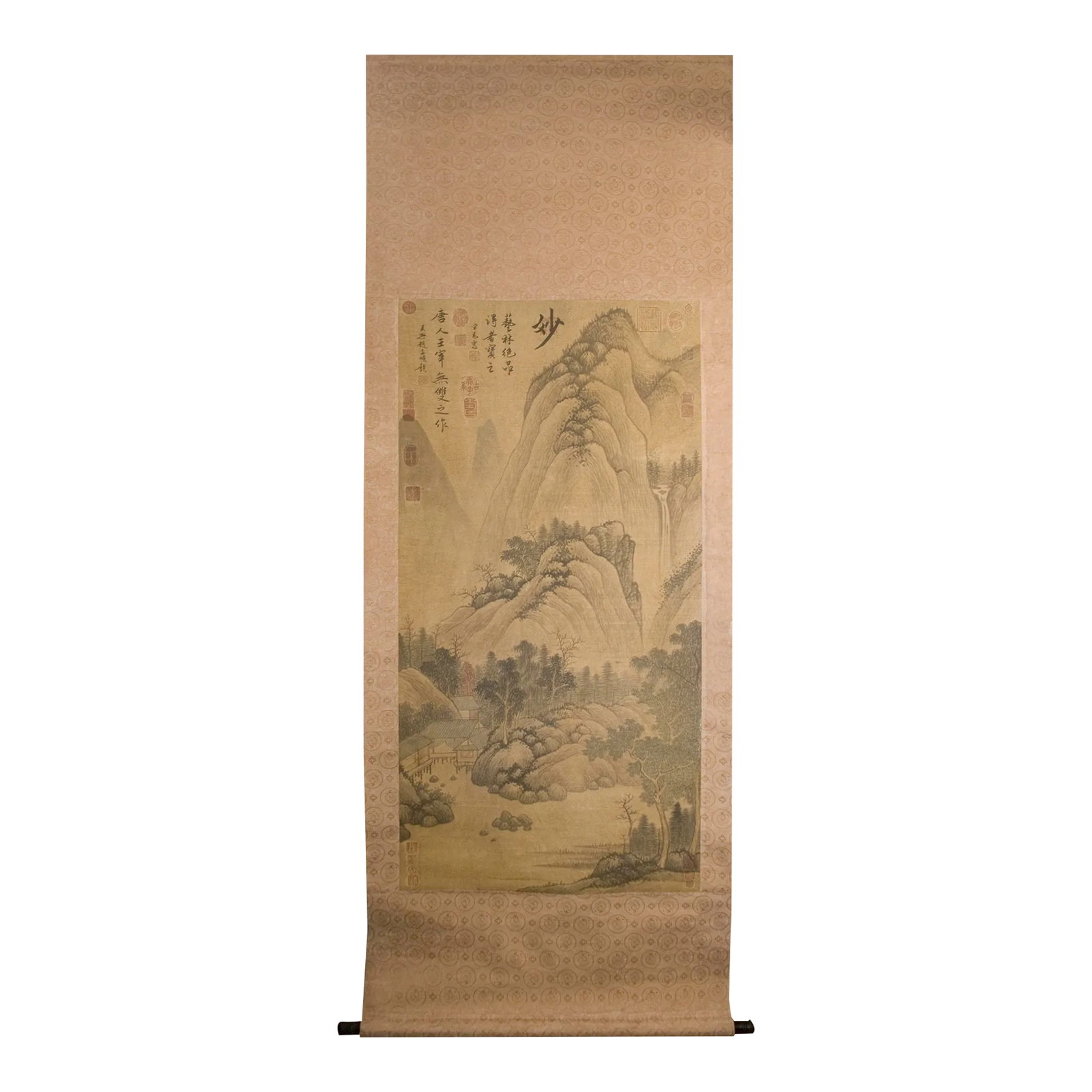 Early 20th Century Chinese Landscape Scroll: Chinese landscape scroll, freely drawn colored inks on heavy paper, mounted on a gold and copper silk brocade in a a dragon medallions pattern, signed, with a short poem and numerous red seal marks
