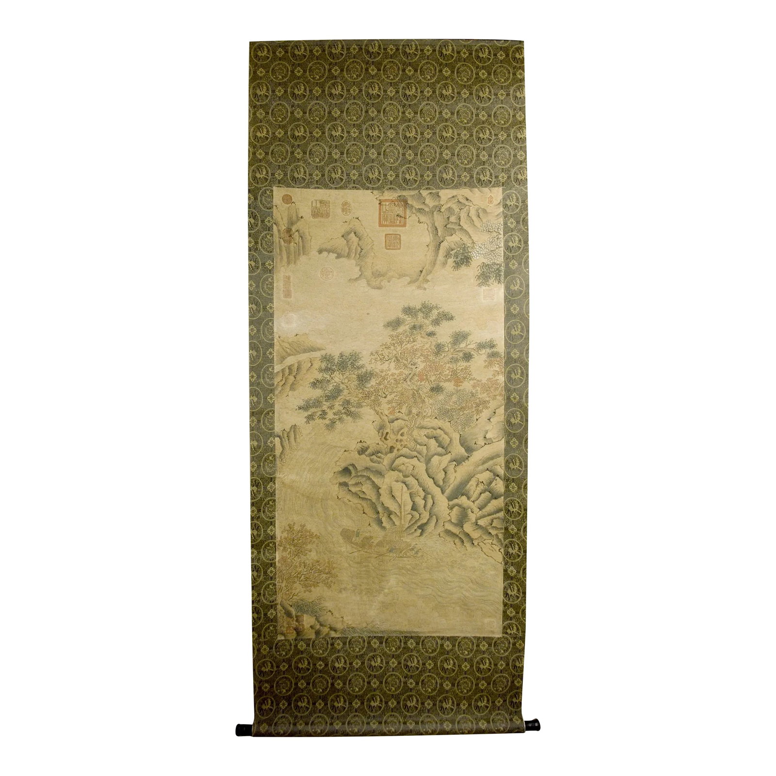 Early 20th Century Chinese Landscape Scroll: Chinese landscape scroll, freely drawn colored inks on heavy paper, mounted on a black, gray and gold, dragon and phoenix medallions, silk brocade, signed, with numerous red seal marks in various