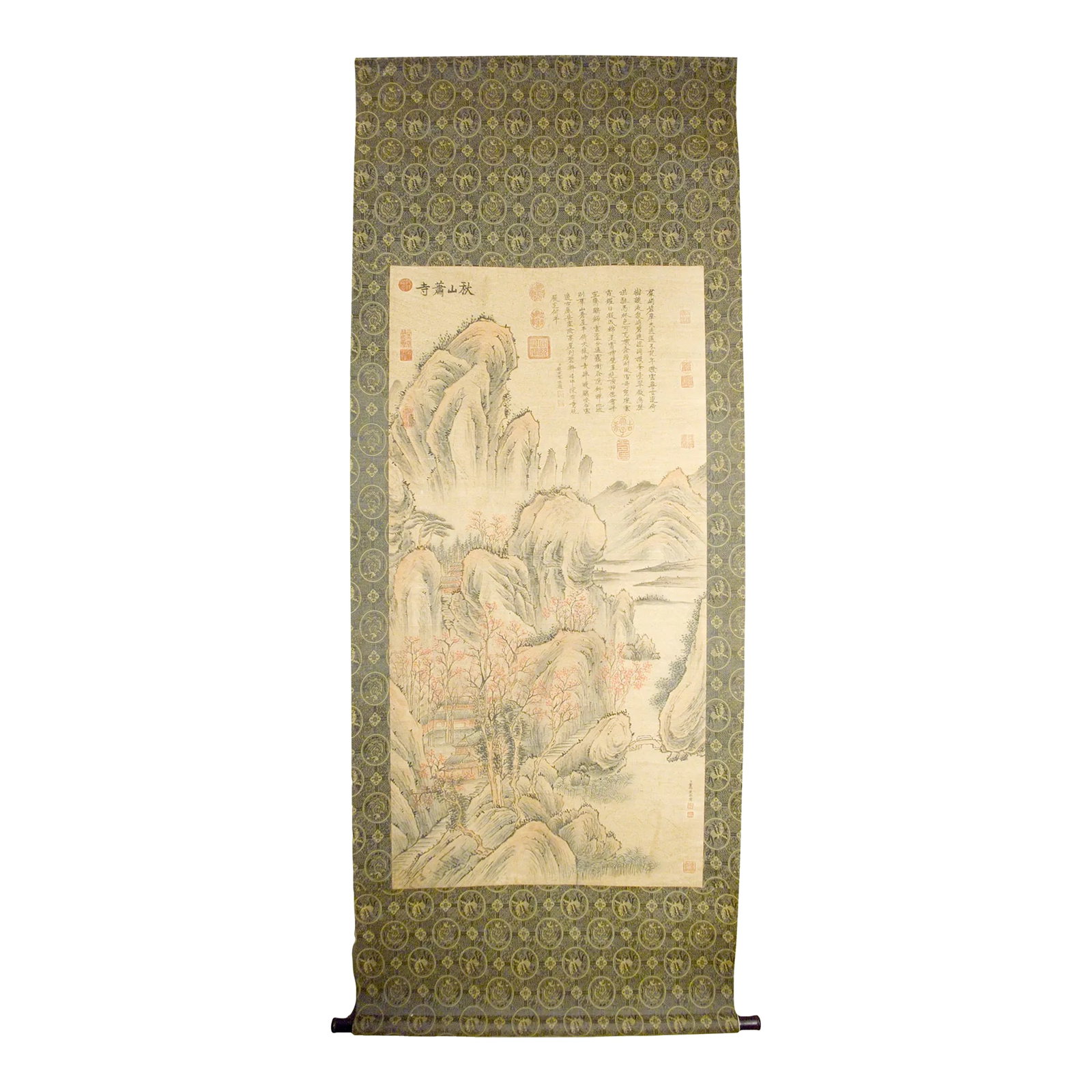 Early 20th Century Chinese Landscape Scroll: Chinese landscape scroll, freely drawn colored inks on heavy paper, mounted on a gold, gray and black silk brocade in a dragon and fenghuang medallions lattice pattern, signed, with a poem and