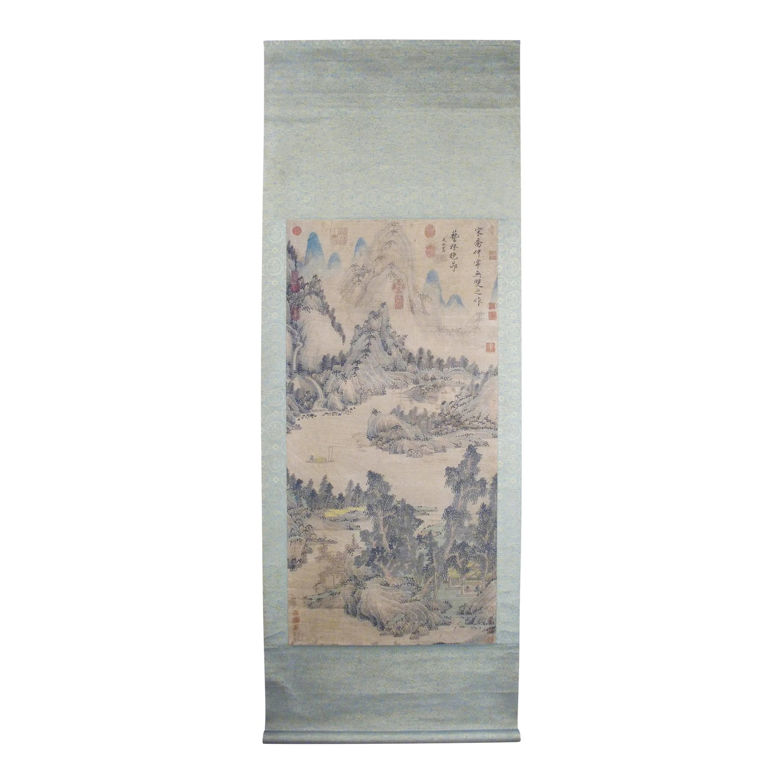 Early 20th Century Chinese Landscape Scroll: Chinese landscape scroll, freely drawn colored inks on heavy paper, mounted on a blue, gold and taupe silk brocade in a dragon medallions lattice pattern, signed, with numerous red seal marks in
