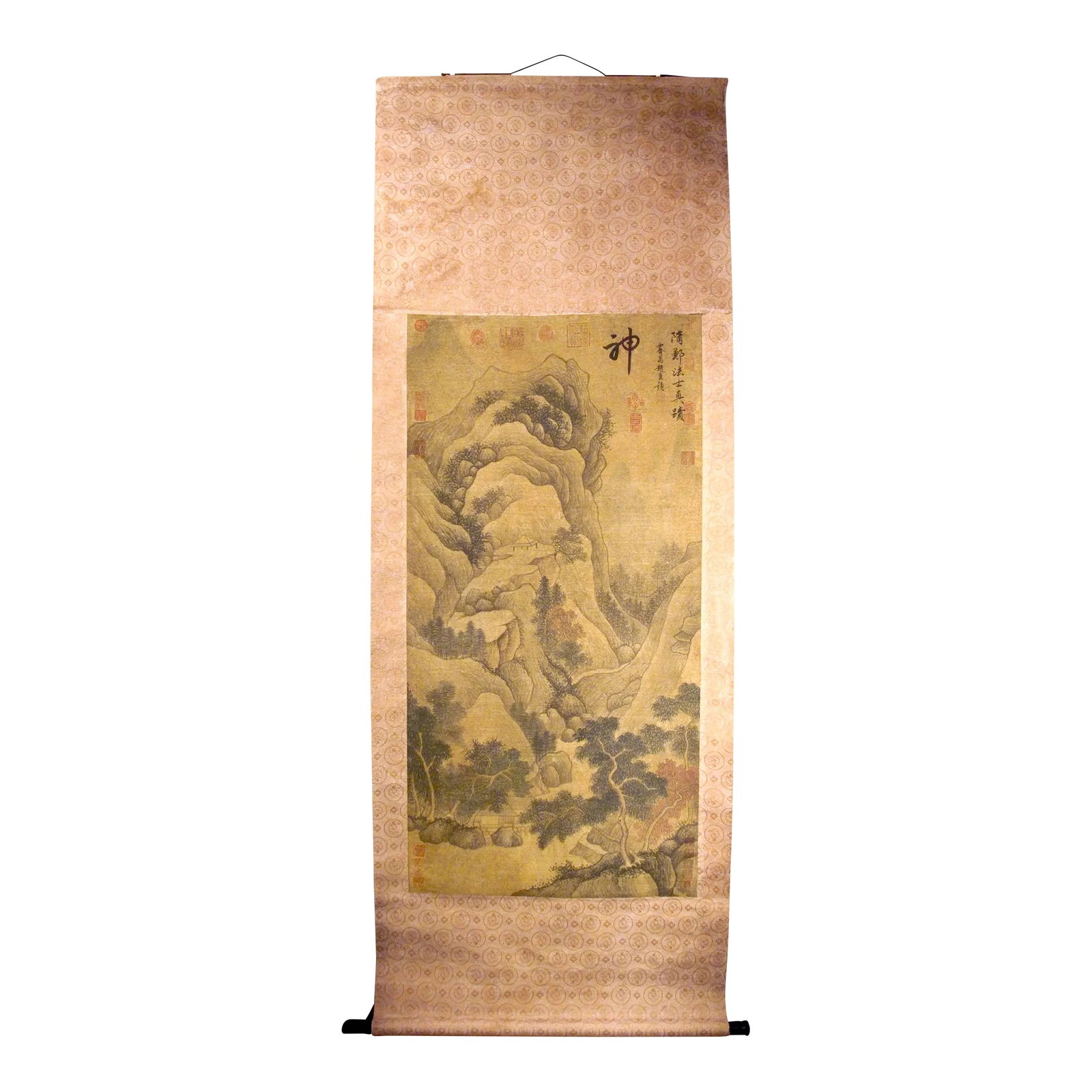 Early 20th Century Chinese Landscape Scroll: Chinese landscape scroll, freely drawn colored inks on heavy paper, mounted on a light and dark copper and gray silk brocade in a dragon medallions lattice pattern, signed, with numerous red and