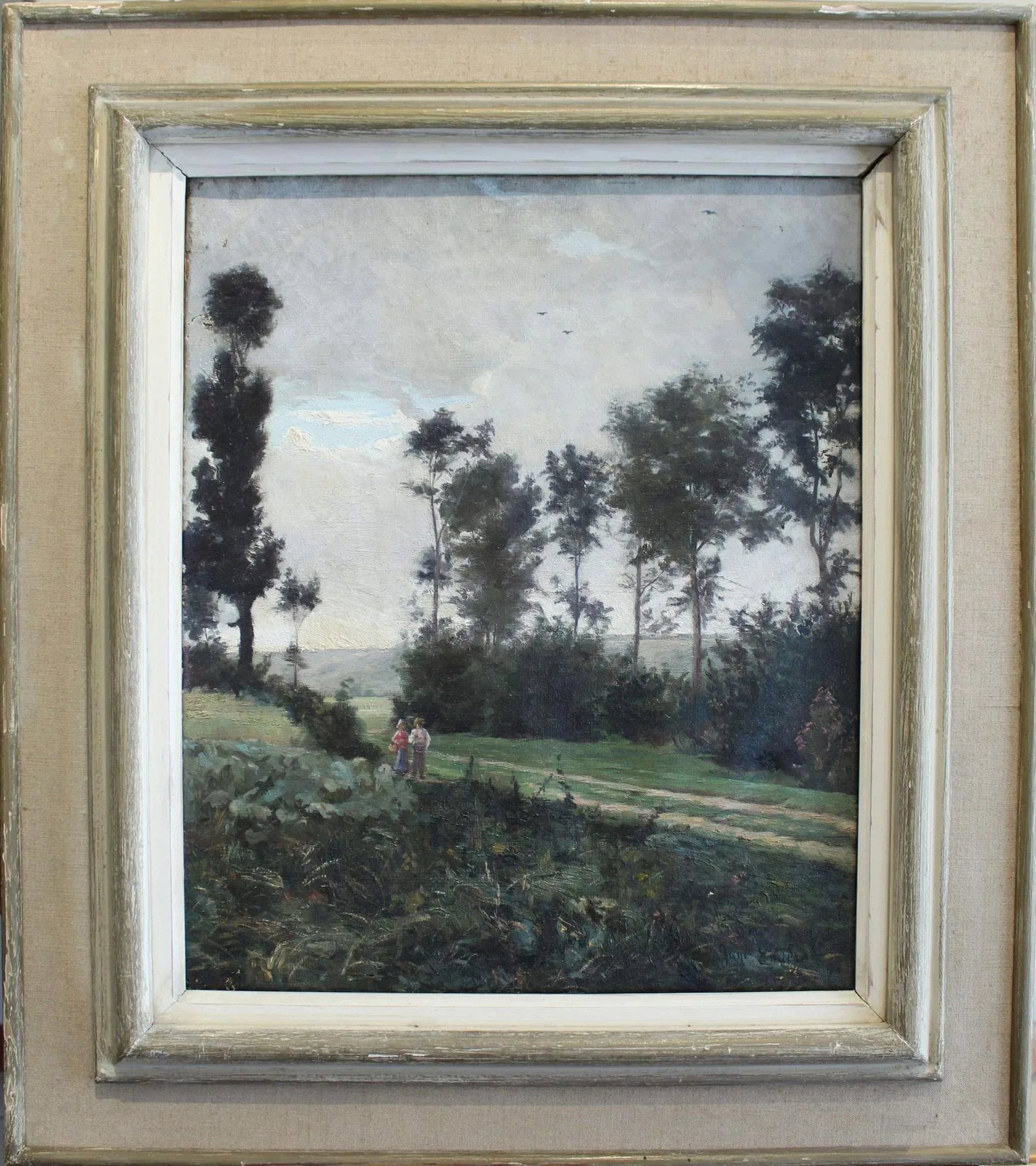 Early 20th Century "Country Road" Landscape Oil Painting by Jane Enders, Framed: A charming painting of a boy and girl walking down a country lane. Wonderful rendering of the trees and sky. The painting has two repairs (you can see the patches on the back) which are not unusual