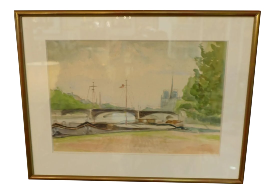French Seaside Watercolor Painting: Vintage french watercolor painting. Depicts a traditional french seaside town in the Brittany region of France. Soft shades of blue, green and brown. Sail boats docked with a bridge and a castle in th