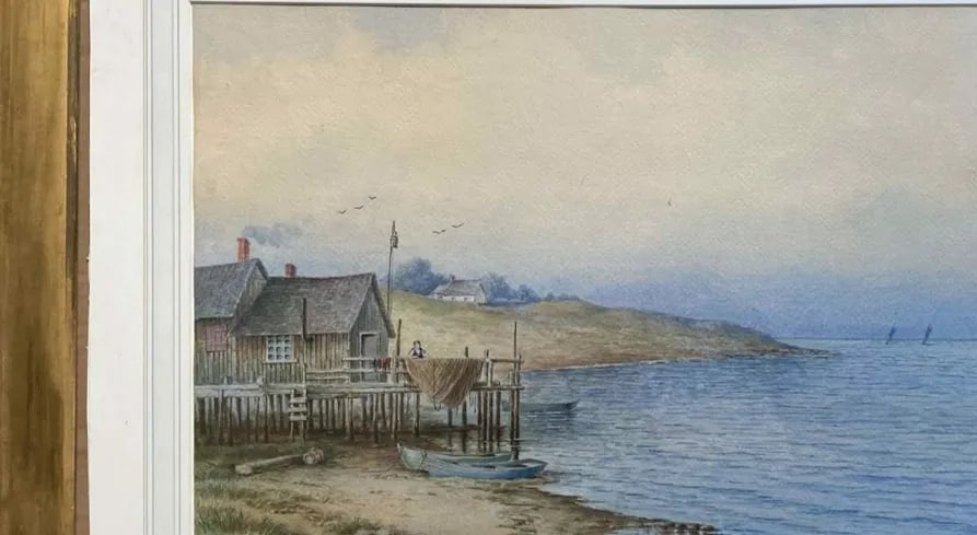 "Cottage by the Sea" - 20th-Century Antique Watercolor Seascape Painting, Framed - 2