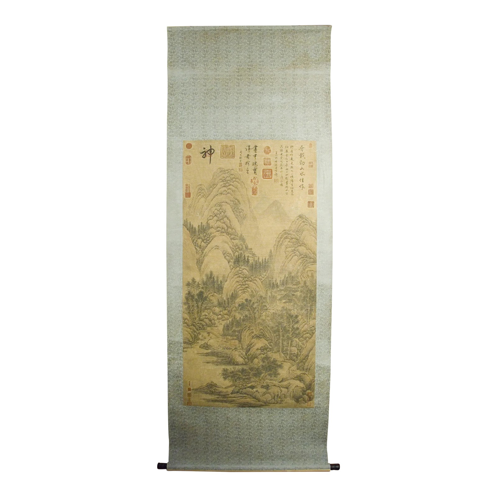 Early 20th Century Chinese Landscape Scroll: Chinese landscape scroll, freely drawn colored inks on heavy paper, mounted on a shimmering sky blue and baby blue, floral silk brocade, signed, with three short poems in caoshu script with numerous