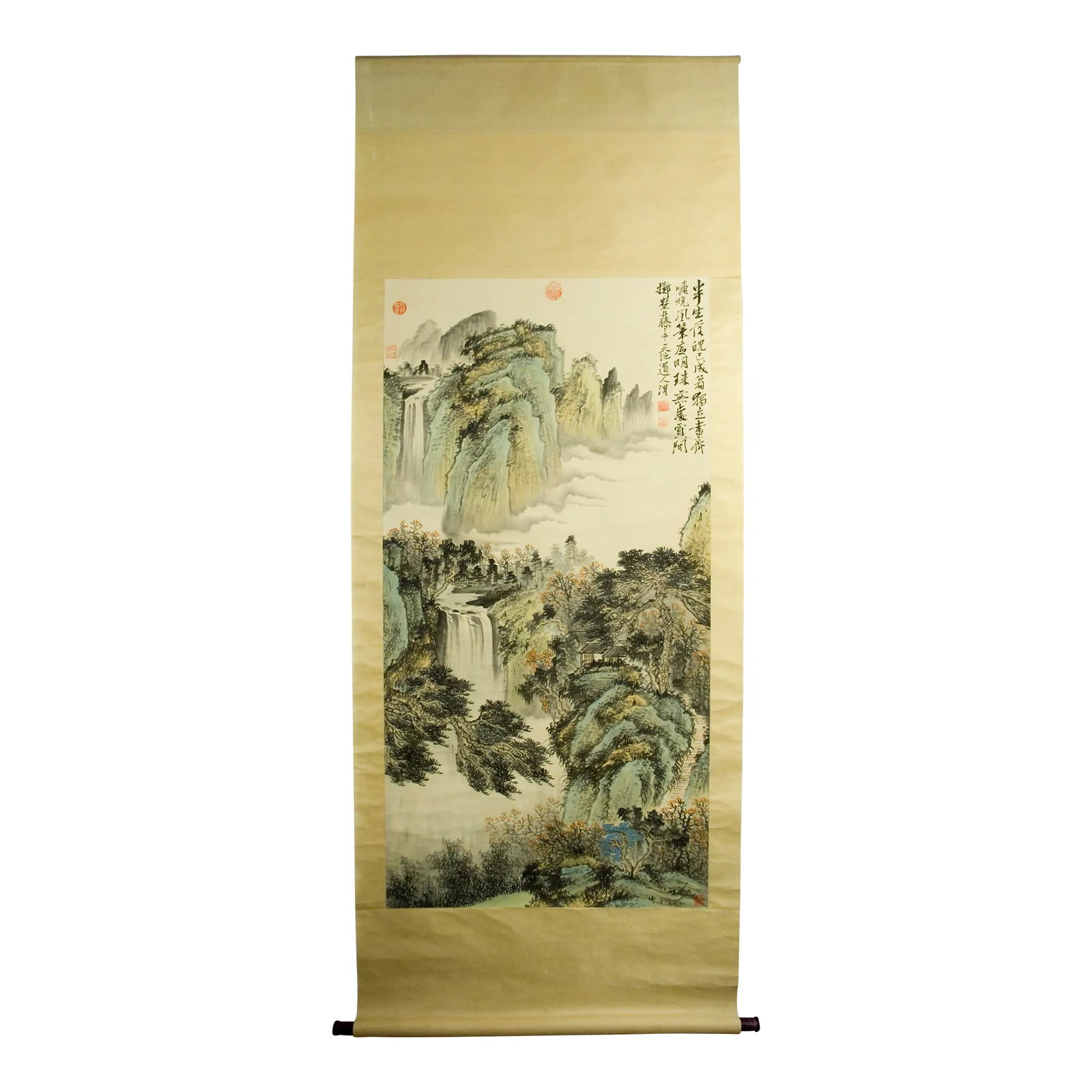 Early 20th Century Chinese Landscape Scroll: Chinese landscape scroll, freely drawn colored inks on heavy paper, mounted on a light gold, floral silk brocade, signed, with a poem in Chinese caoshu script and six red seal marks. In the