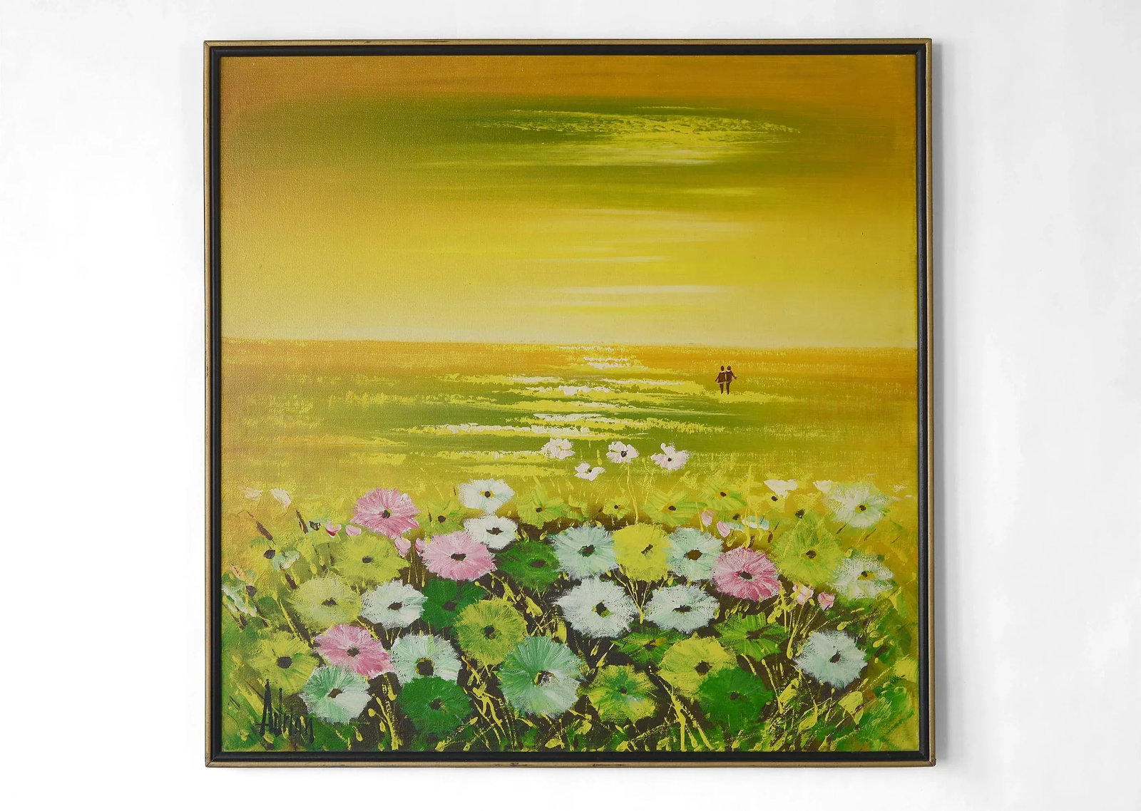 Vintage 1970s Lovers in the Flower Field Landscape Painting - 11