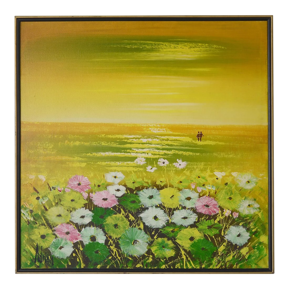 Vintage 1970s Lovers in the Flower Field Landscape Painting: Awesome vintage square painting that exemplifies what the 1970s were all about...peace, love, flowers and sunshine! The artwork is a total explosion of colors depicting flowers in a wide open field