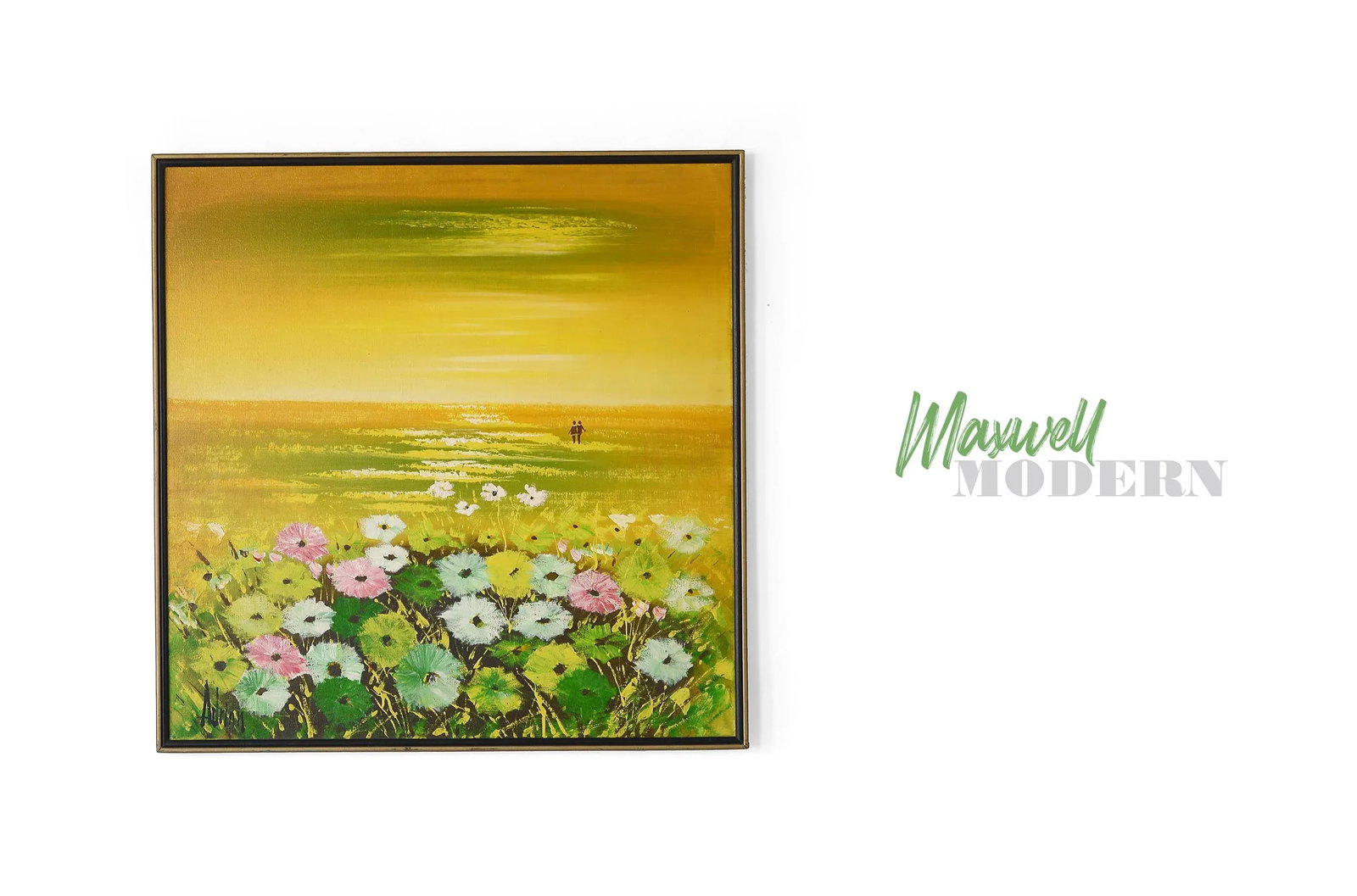 Vintage 1970s Lovers in the Flower Field Landscape Painting - 2