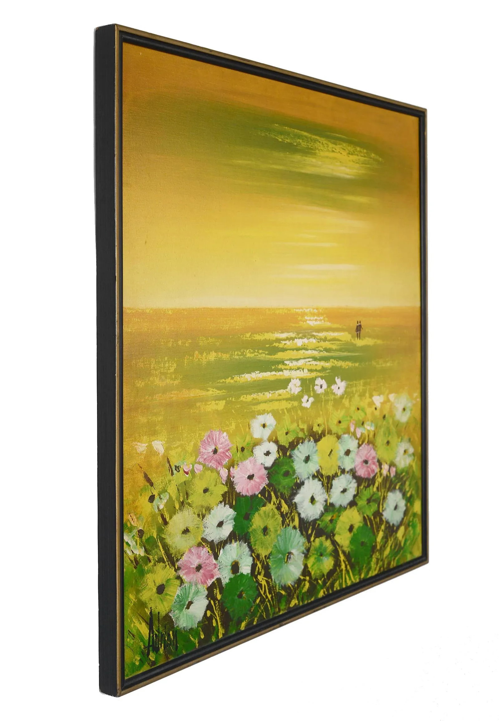 Vintage 1970s Lovers in the Flower Field Landscape Painting - 3