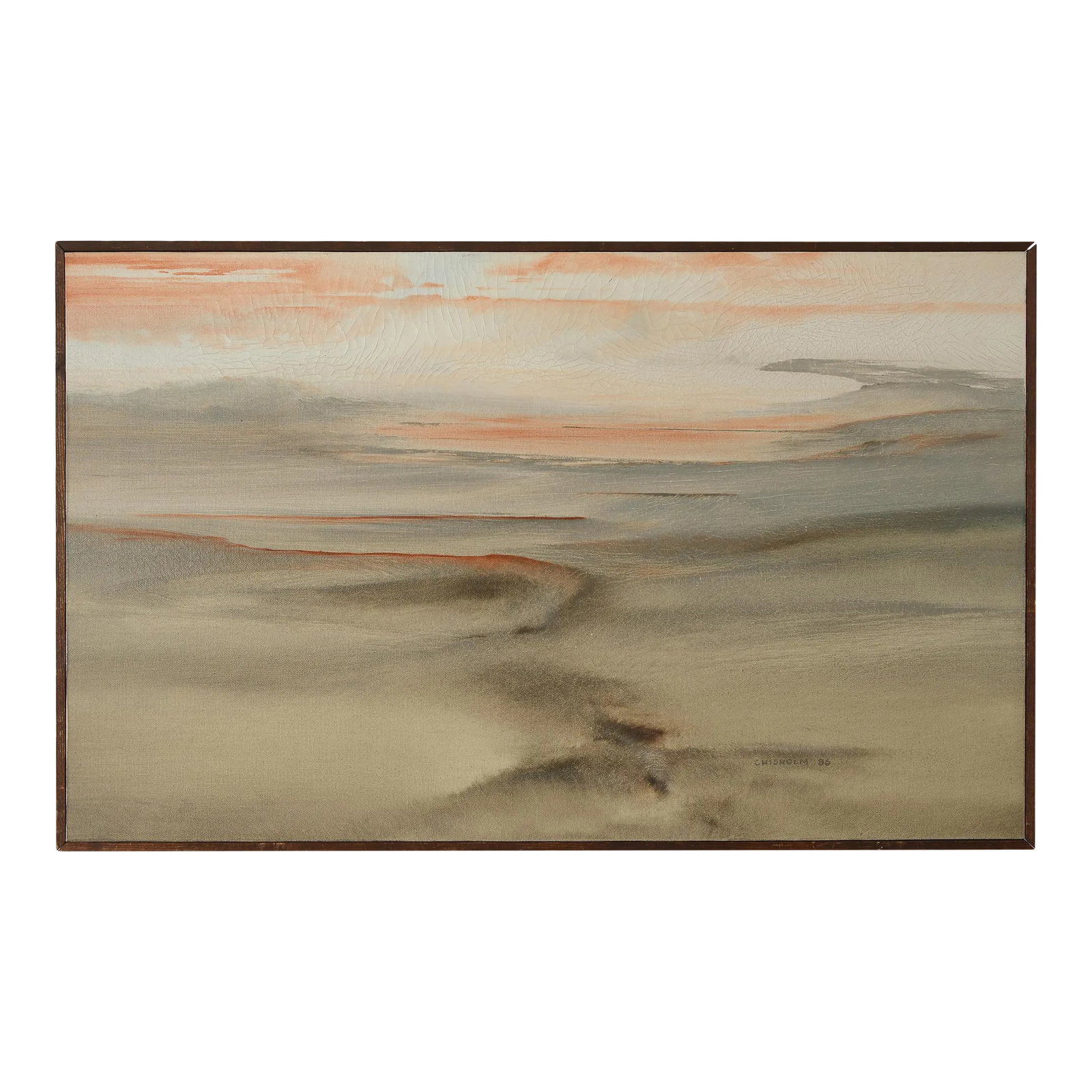Vintage Bruce Chisolm Abstract Atmospheric Landscape Beach Painting, Framed: Gorgeous landscape abstract from Bay Area artist Bruce Chisolm painted in 1986. Painting is titled "Dragonsbreath Beach" as written on the backside in pencil by the artist. Something very