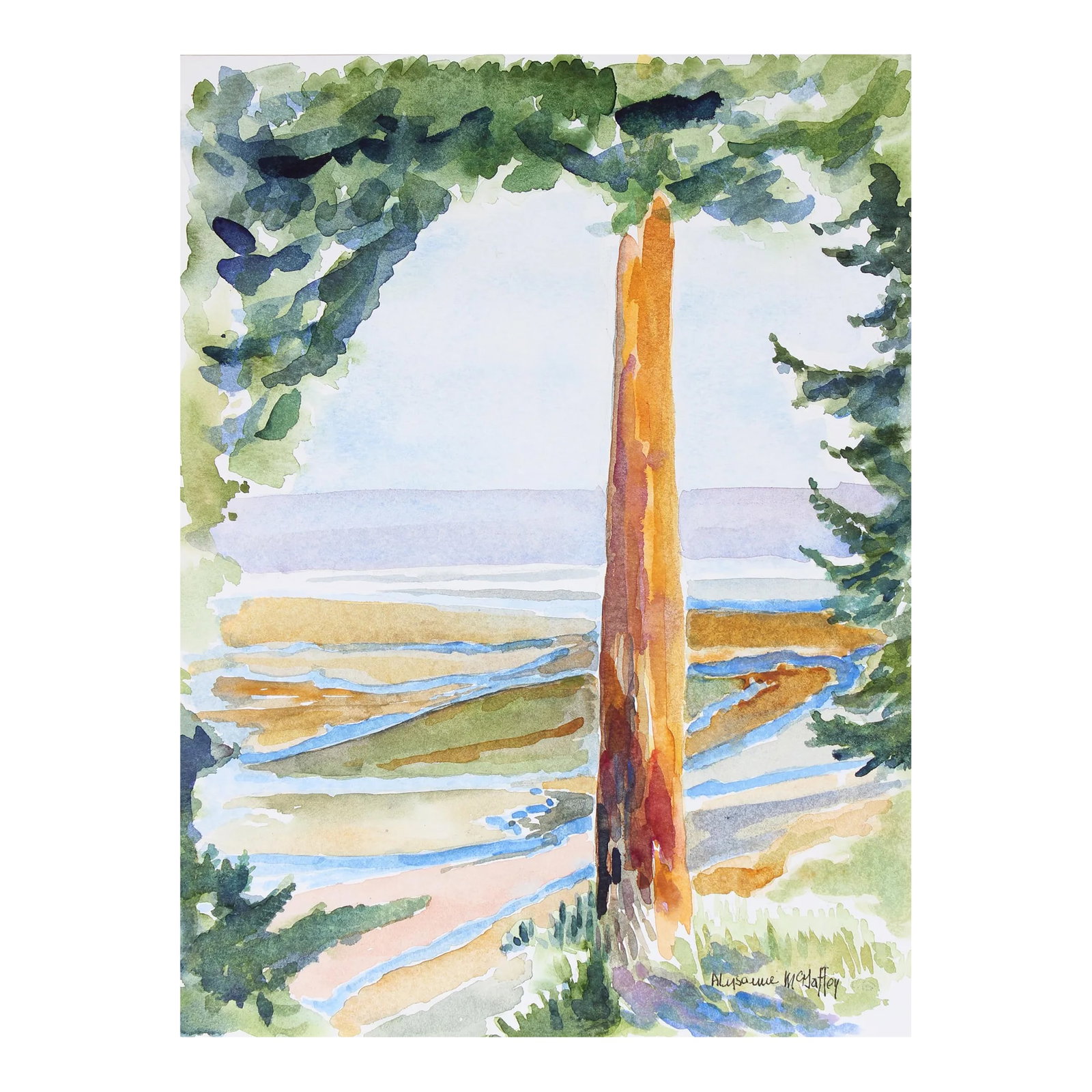 Looking Down on Skagit River Flats 20th Century Watercolor: Entitled Looking Down on Skagit River Flats, this late 20th century watercolor on paper is by Bay Area artist Alysanne McGaffey (1931-2018). Born in Seattle, McGaffey moved to San Francisco in the mid